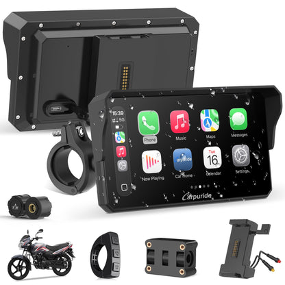 Carpuride Motorcycle Carplay with Type-C Port & TPMS, 6.25" Wireless Car Play & Android Auto GPS Navigation Moto Screen with Wired Controller, IP67 Waterproof, OTA, Dual Bluetooth, Intercom,Play Music