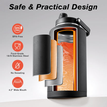 Coolflask Titan 2 Gallon Insulated Water Bottle, 256 oz Large Water Jug Stainless Steel with Leakproof Handle Spout Lid & Sleeve, Wide Mouth Metal Flask for Camping or Work, Magic Black