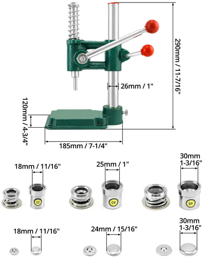 QWORK Fabric Button Maker Kit with 3 Die Sizes – Adjustable Press Tool for Sewing, DIY, Upholstery, 11/16", 1", 1-3/16" Dies