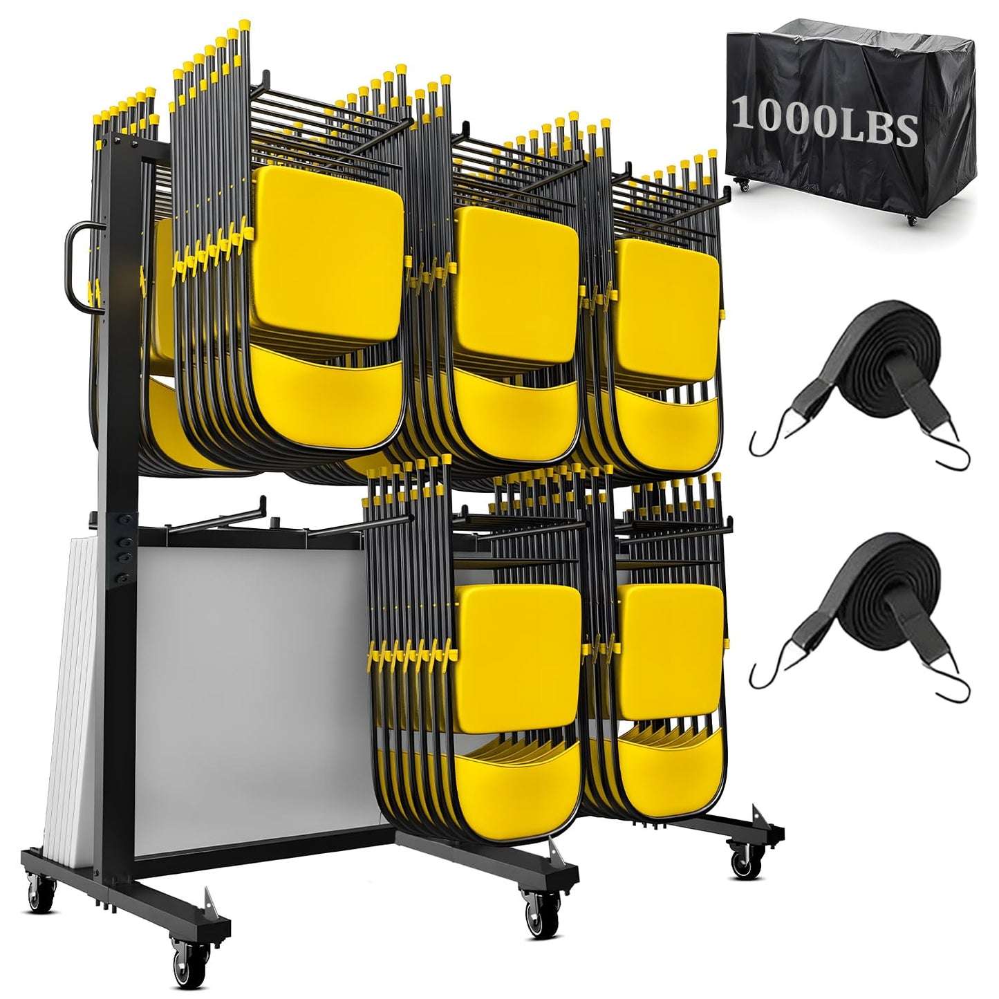 Folding Chair Cart, Two Tier Folding Chair Rack with Locking Wheels, Chair Holders for Storage, Chair Storage Rack, Holder for 84 Chairs, with Watherprooft Cover & Elastic Straps