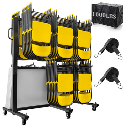 Folding Chair Cart, Two Tier Folding Chair Rack with Locking Wheels, Chair Holders for Storage, Chair Storage Rack, Holder for 84 Chairs, with Watherprooft Cover & Elastic Straps