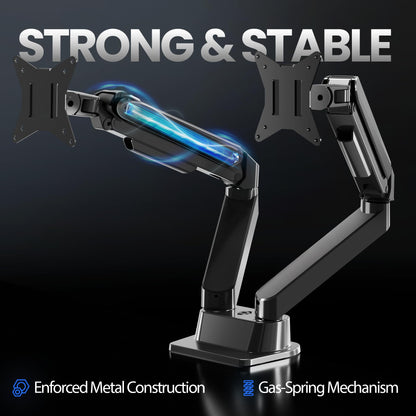 EVEO Premium Dual Monitor Mount 14"-32” Dual Monitor Arm VESA Bracket Adjustable Height Gas Spring Dual Monitor Stand, Screen Full Motion Dual Monitor Arm-Computer Monitor Stand for 2 Screens - Black