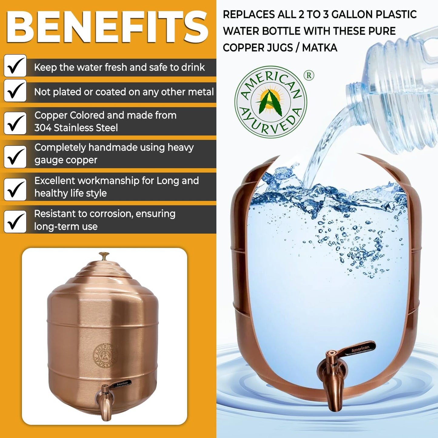A 100% Pure Copper wer Dispenser Storage Tank Pot, Stainless Steel Faucet spigot and Lid included, Healthy Organic Water Yoga Meditation 3.17 Gallon (12 Liters), 5G-3.17G-1.32G