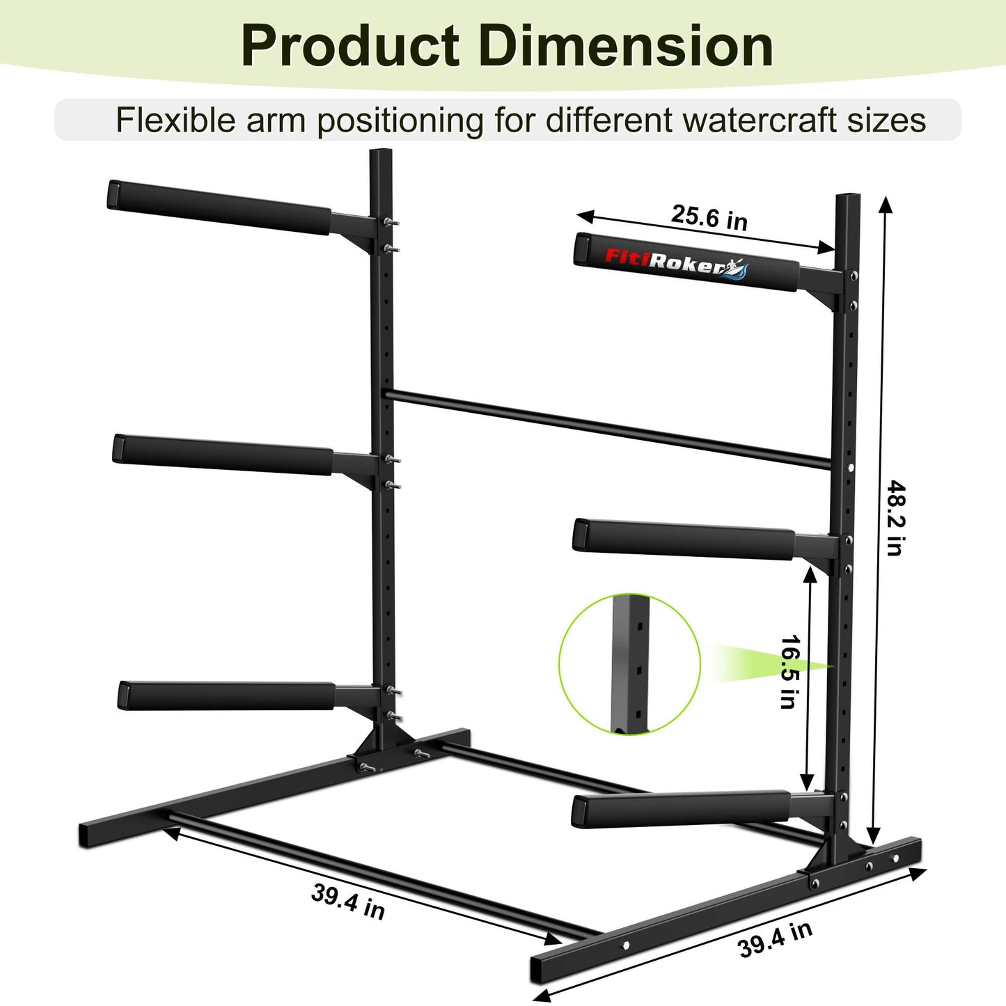 FitiRoker 3-Tier Freestanding Kayak Storage Rack, Steel Storage Stand with Adjustable Padded Arms for Kayaks, Canoes, Surfboards and Paddleboards, Indoor Outdoor Garage Organizer