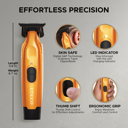 Cocco Hyper Veloce Pro Trimmer, Digital Gap Graphene Blade Edger, High-Torque Brushless BLDC Motor, Cordless, All-Metal Design, Lithium-Ion Battery, Charging Base Included, Orange