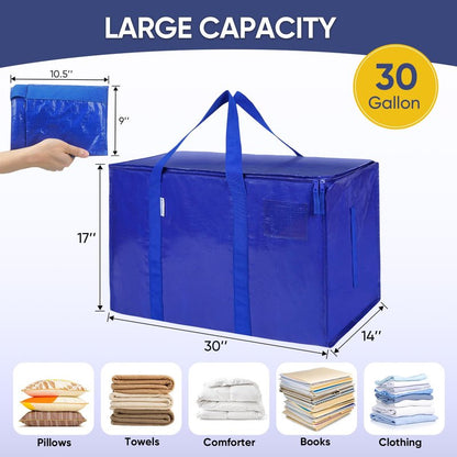 TICONN 16 Pack Extra Large Moving Bags with Zippers & Carrying Handles, Heavy-Duty Storage Tote Moving Boxes for Space Saving (16 PK, 30 Gallon)