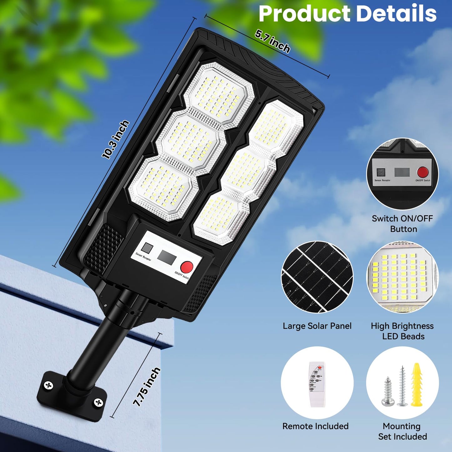 Solar Lights Outdoor Waterproof, 11inch LED Dusk to Dawn Solar Street Light, Solar-Powered Flood Lights with Motion Sensor and Remote Control, Solares Parking Lot Lights for Yard Walkway, 10-Pack
