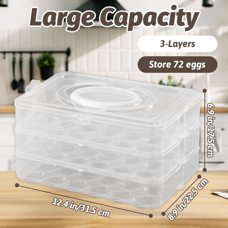 Egg Holder for 72 Eggs,3-Layer Plastic Egg Container,Deviled Egg Tray with Handle Lid,Devil Egg Holder for Refrigerator,Kitchen,Easter Party,Keep Fresh
