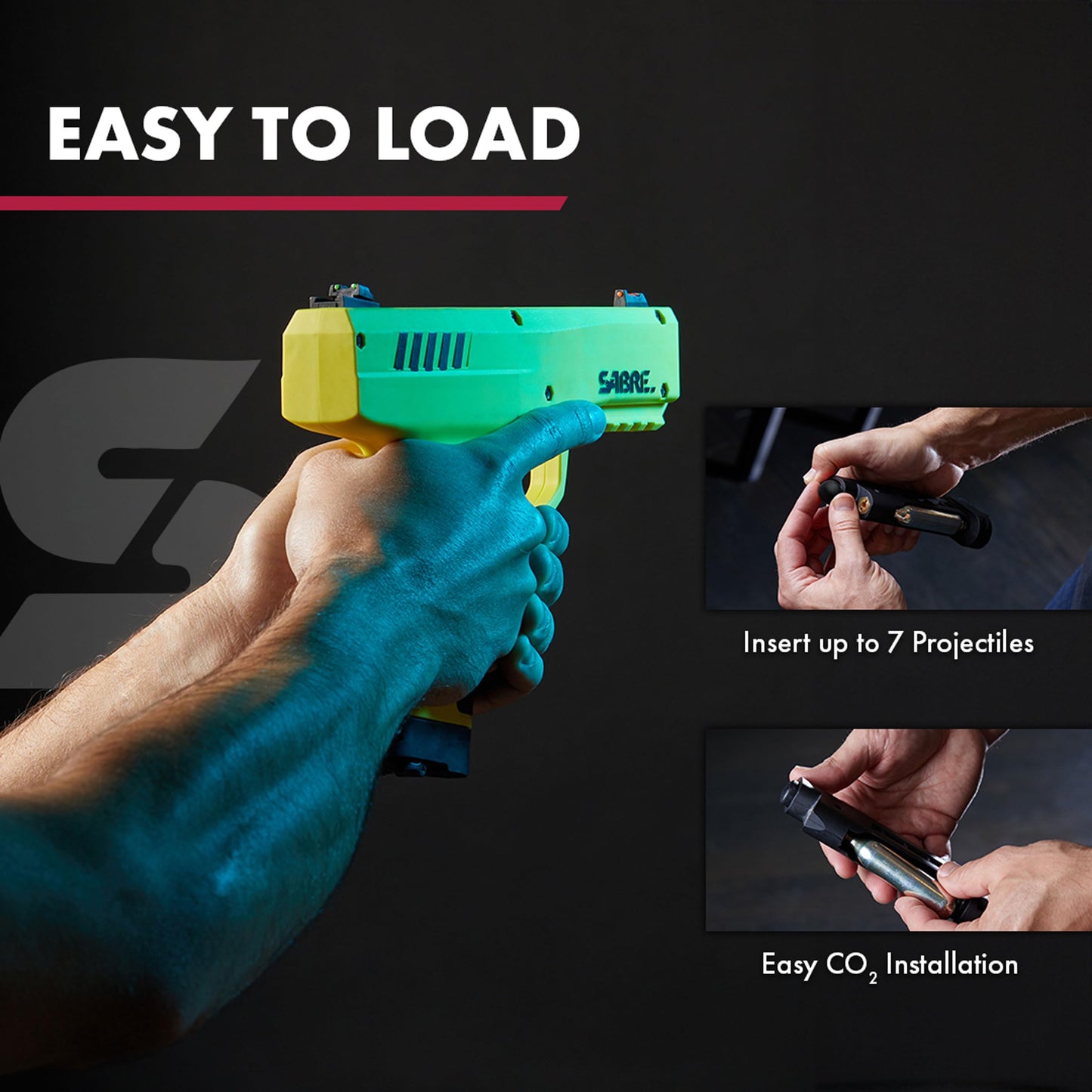 Sabre Home Defense Projectile Launcher, Large Size with (7) 0.68 Cal. Impact Projectiles, 40% More Stopping Power for Extra Home Protection, Holds Up to 7 Projectiles