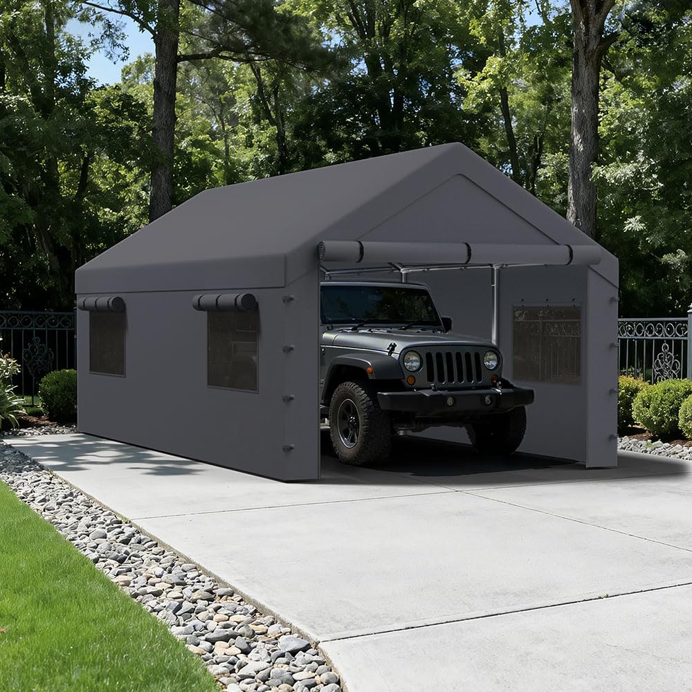 Vanteriam 10 * 20 FT Carport Replacement Sidewall kit Panel Set of 4 with Mesh Windows and Double Head Zippers, 180G PE Waterproof & UV Protected Replacement Sidewall Cover, Gray