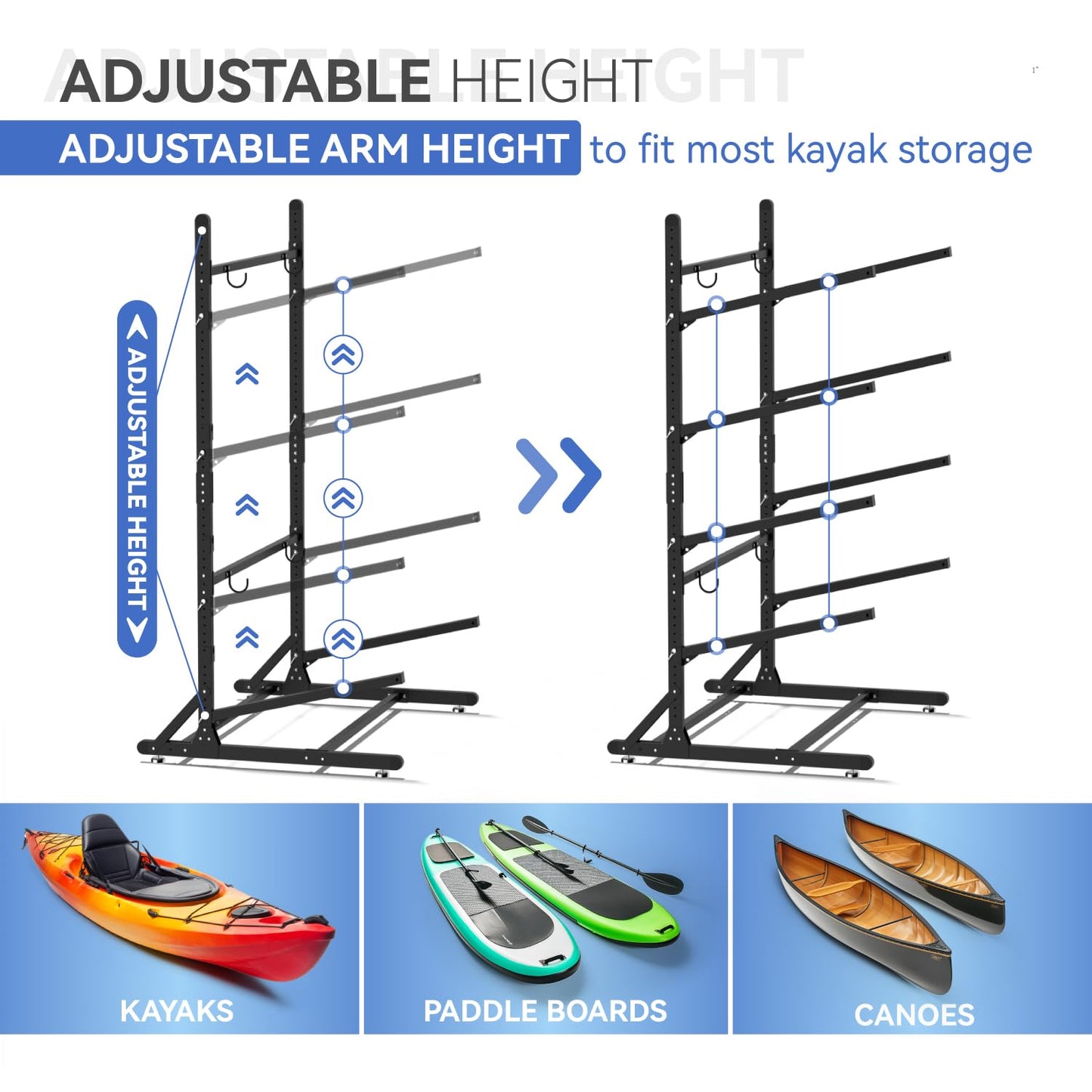 RDCMKL Freestanding Kayak Storage Rack, Heavy Duty Adjustable Stand for Kayaks, SUPs, Paddleboards, Canoes, Weatherproof, Indoor Outdoor, 400 LBS Capacity (4 Levels)