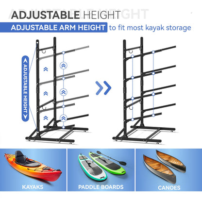 RDCMKL Freestanding Kayak Storage Rack, Heavy Duty Adjustable Stand for Kayaks, SUPs, Paddleboards, Canoes, Weatherproof, Indoor Outdoor, 400 LBS Capacity (4 Levels)