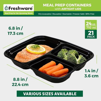 Freshware Meal Prep Containers - 21 Pack | 3 Compartment Bento Box, BPA Free, Microwave & Dishwasher Safe (24 oz)
