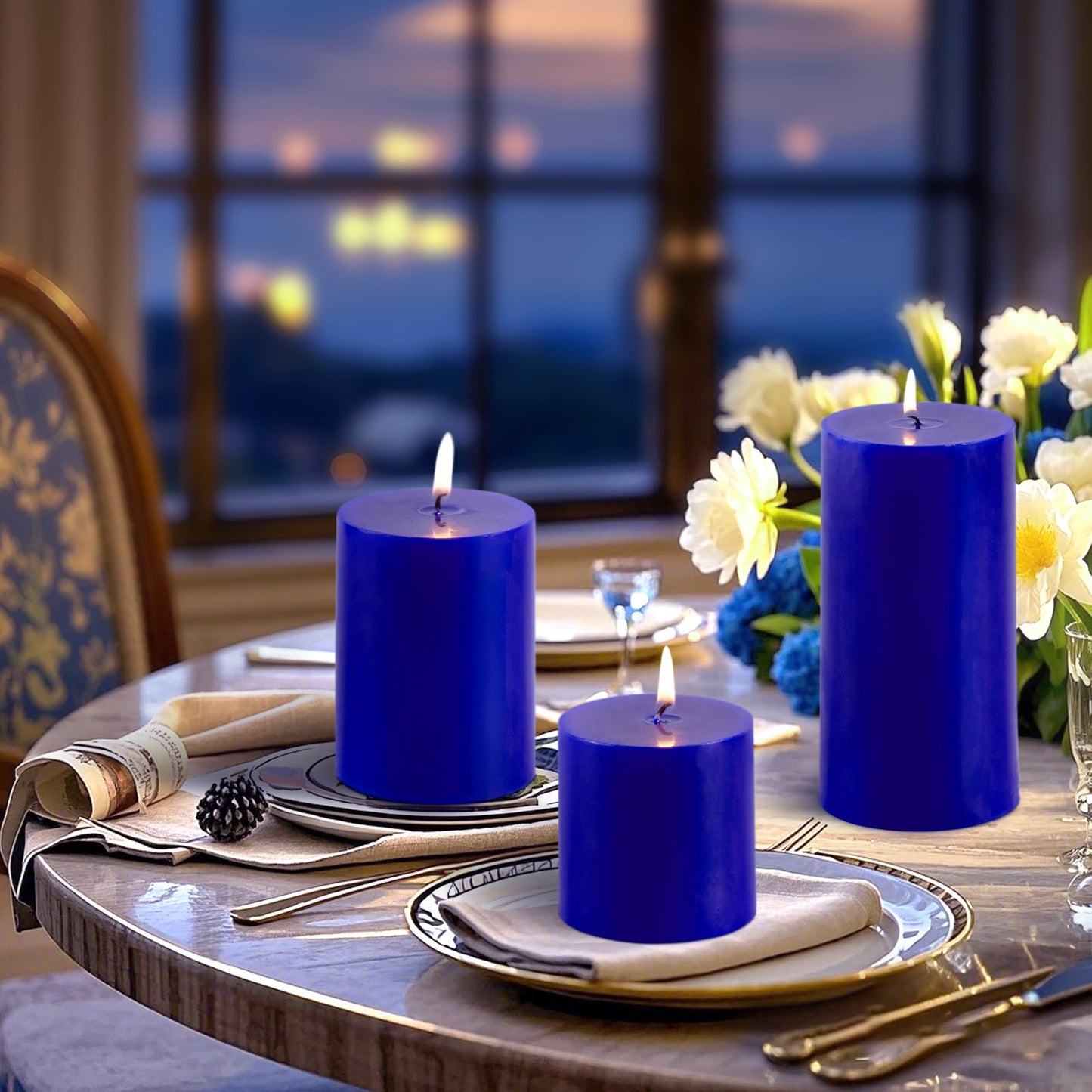 KONNI Classic Blue Pillar Candles Set of 3, 3"x 6" Unscented Pillar Candles Bulk, 56 Hours Long Burning Candles, Smokeless&Dripless Large Round Candle for Wedding, Home Decoration, Parties, Spas