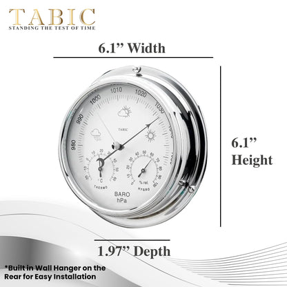 Tabic Chrome Barometer with Built-in Hygrometer &Thermometer - Analog Weather Station for Home & Outdoor Use - Handmade in England - Heavy Chrome Plated Brass Case (1/2kg), 6in x 2in