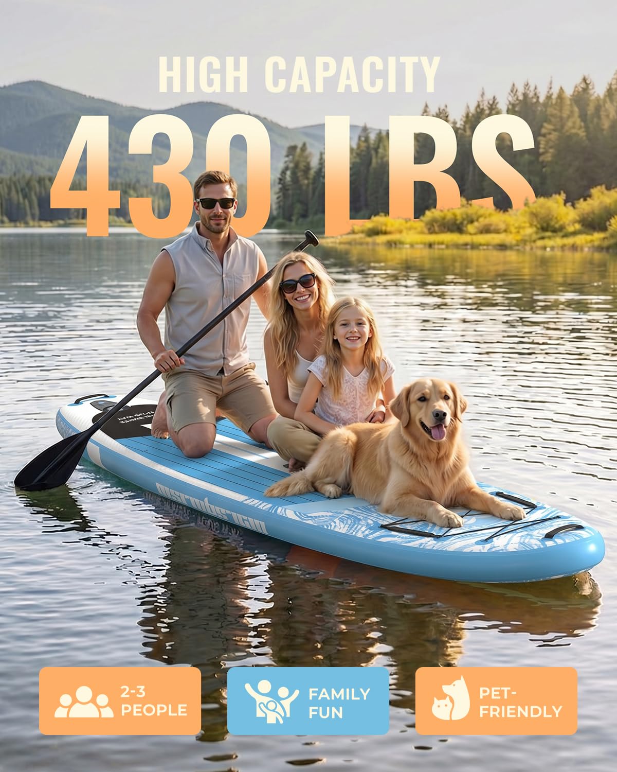 Marsdorgan 11'x34 Inflatable Paddle Board for Adults Youth, Extra Wide 430LBS Capacity SUP, Stable 2-3 Person Family for Lake Ocean Fishing, Complete Kit w/Pump & Backpack, Ice Blue