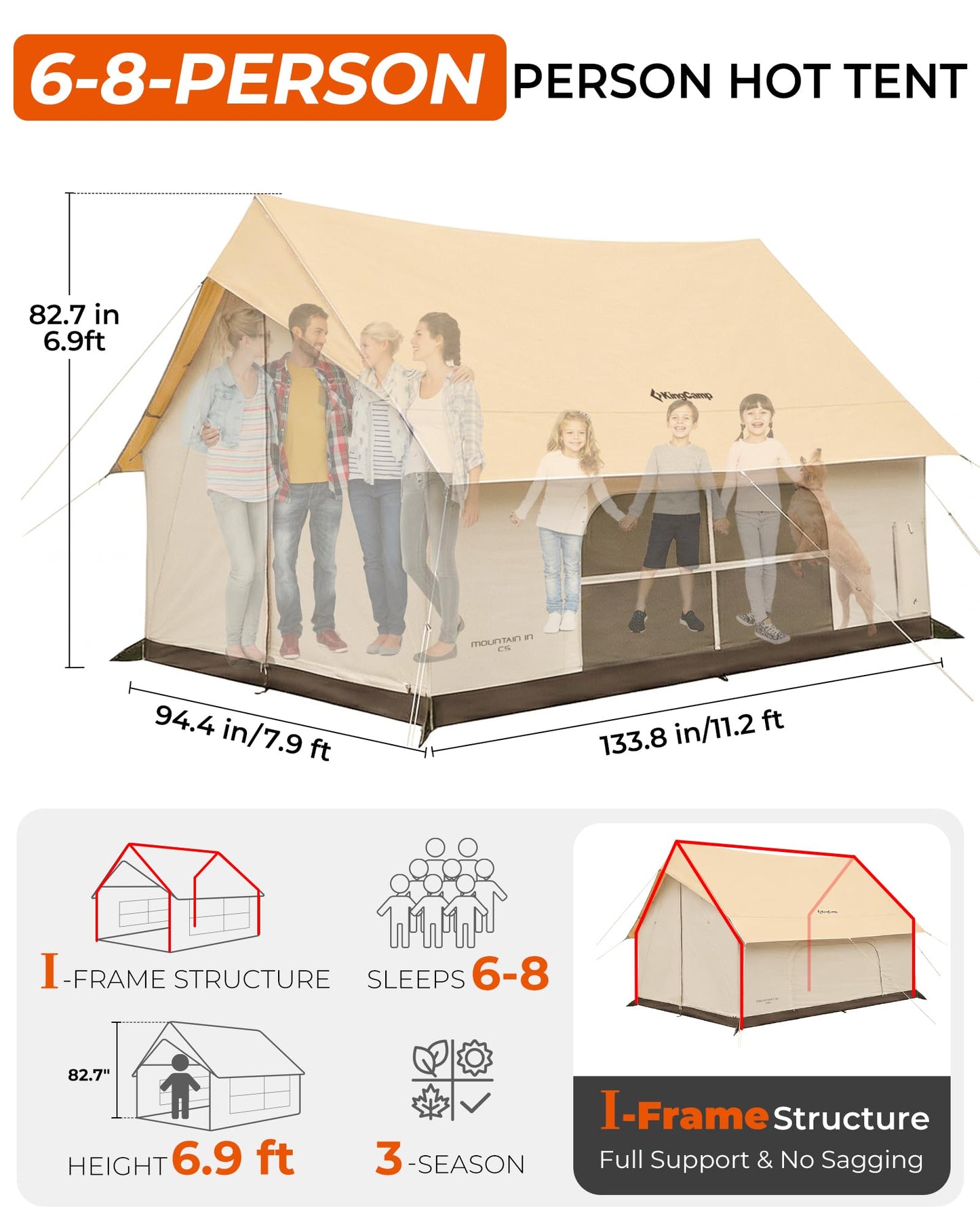 KingCamp Camping Tent with Floor 6-8 Person, Canvas Hot Tent with Stove Jack, Waterproof & Windproof Cabin Tent for Family Camping & Outdoor Parties