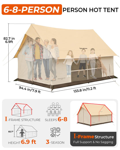 KingCamp Camping Tent with Floor 6-8 Person, Canvas Hot Tent with Stove Jack, Waterproof & Windproof Cabin Tent for Family Camping & Outdoor Parties