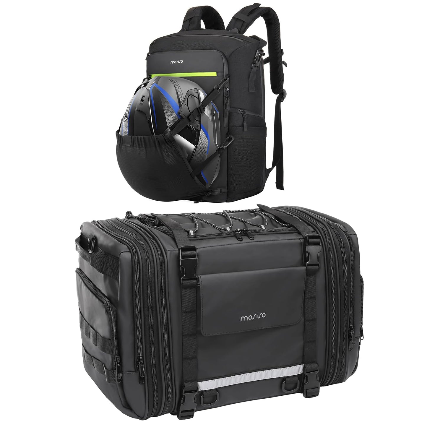 MOSISO Expandable Motorcycle Helmet Backpack Bag&Motorcycle Tail Bag with Expandable Capacity 32L-48L, Motorbike Rear Seat Trunk Gear Bag with Rain Cover&Shoulder Strap, Black
