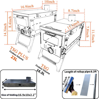 DANCHEL OUTDOOR TSG PLUS Portable Large Titanium Tent Wood Stove for Camping Backpacking, Folding Lightweight Hot Tent Stove with 8.2ft Rollable Chimney Pipe Cooking Hiking,8.16lbs 23L