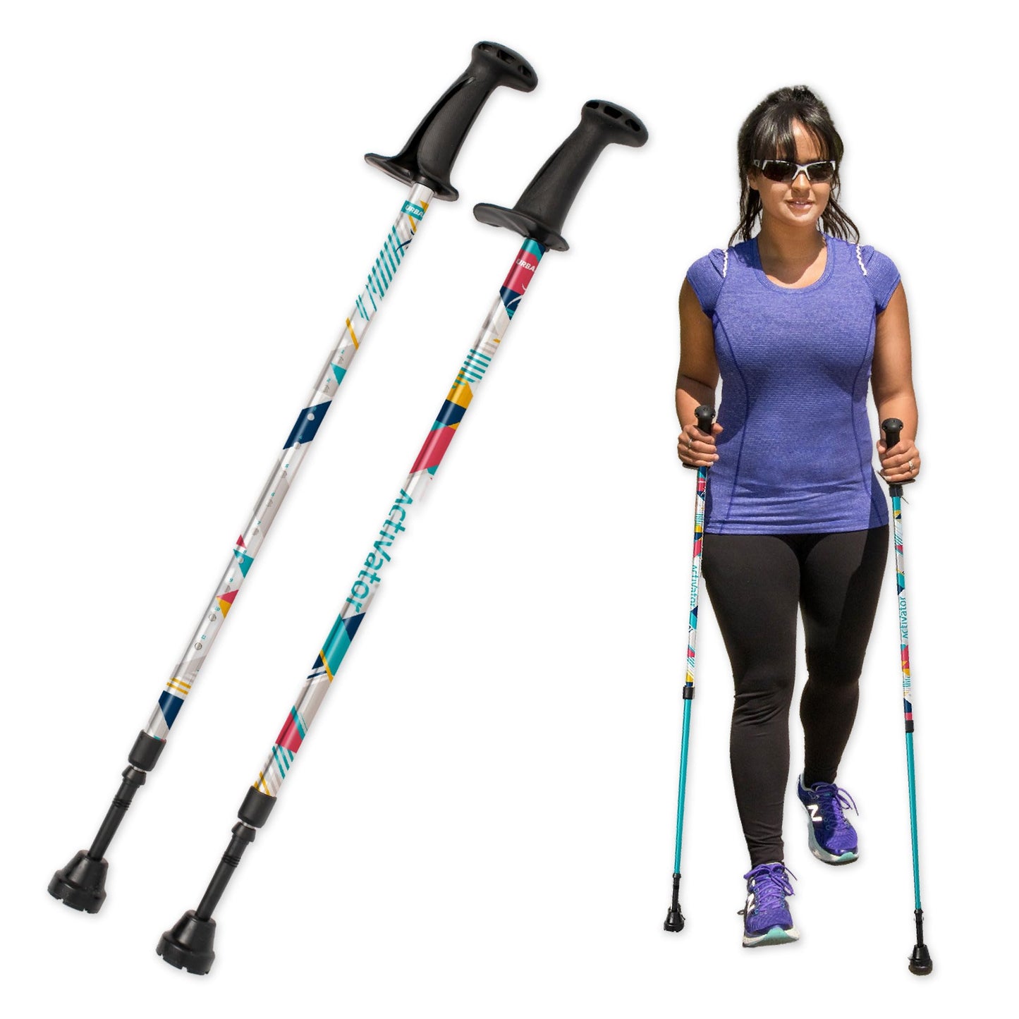 Urban Poling ACTIVATOR® MODA with Snow & Trekking Baskets, Silver with Blue, Green, & Yellow, 1 Pair – For Users 4'2"–6' – Lightweight, Aluminum Nordic Walking Sticks – Collapsible & Adjustable Hiking