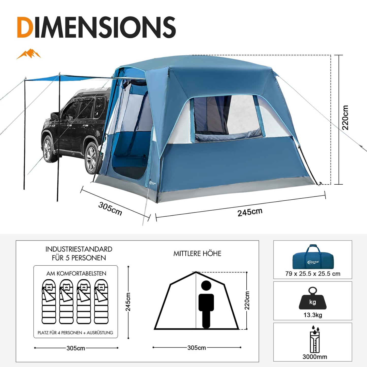 Portal 5-Person SUV Tent with Porch, 2-in-1 Car Camping Tent, Water-Resistant & Windproof, Trunk Tent with 2 Doors for Travel & Outdoor Adventures