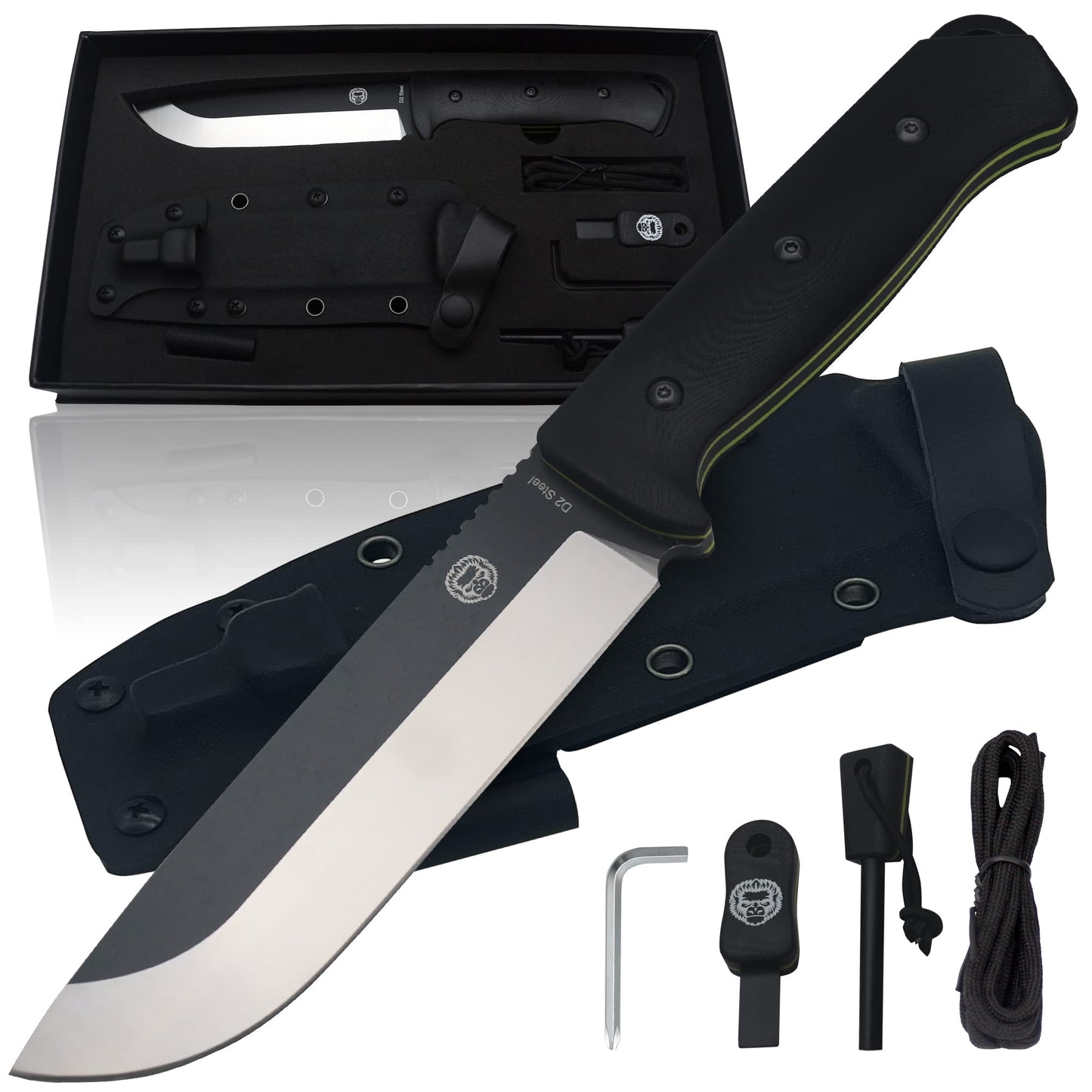 Holtzman's Gorilla Survival Bushwhacker Fixed Blade Knife with Fire Starter, G10 Scraper, and Paracord (Black+Green) - Ideal for Camping and Survival