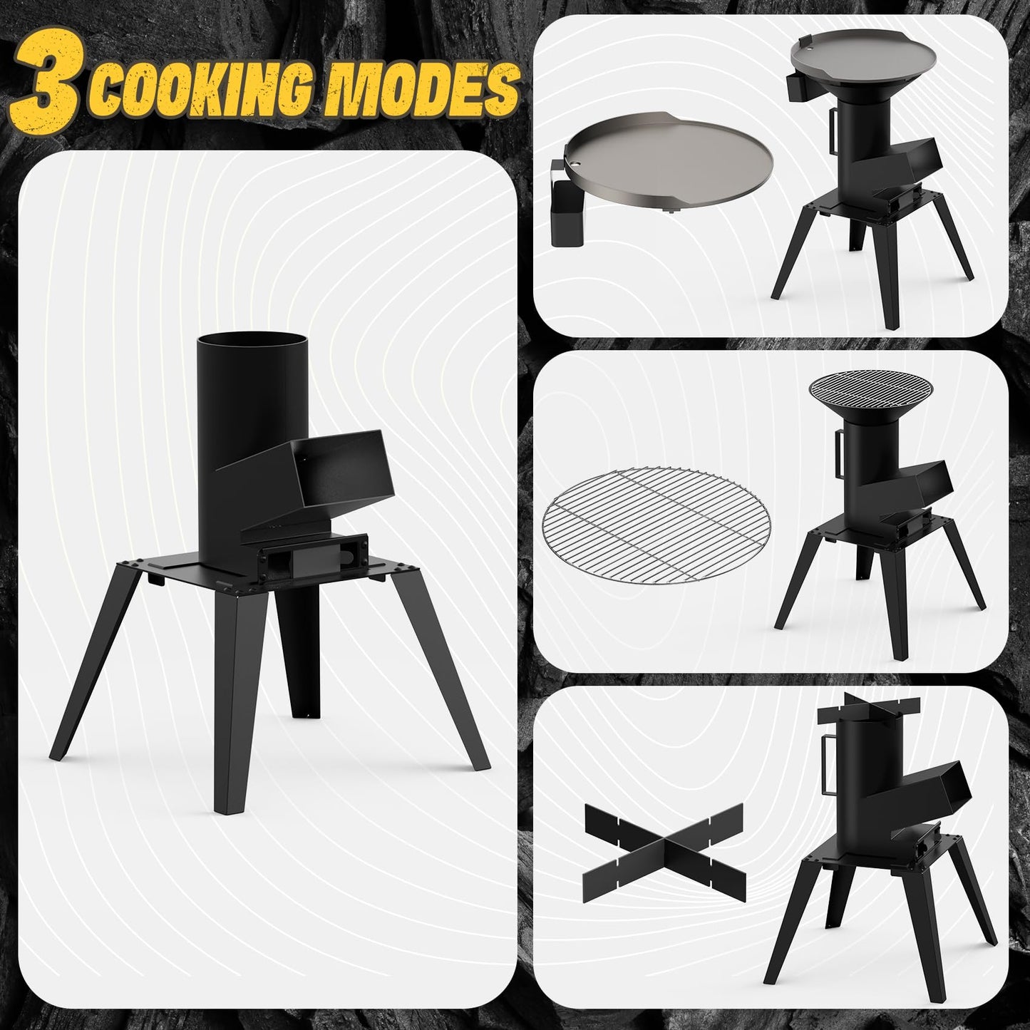 ONLYFIRE GRILLS 3-in-1 Camp Rocket Stove Kit with BBQ Grate, Griddle, Pot Rack, Portable Wood Burning Stove with Detachable Stand, Camping Gear for Outdoor Cooking Patio Barbecue RV Tailgating, GS345