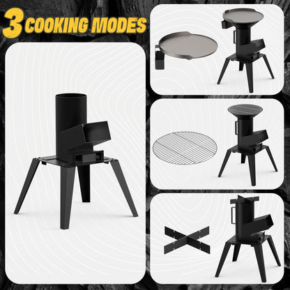 ONLYFIRE GRILLS 3-in-1 Camp Rocket Stove Kit with BBQ Grate, Griddle, Pot Rack, Portable Wood Burning Stove with Detachable Stand, Camping Gear for Outdoor Cooking Patio Barbecue RV Tailgating, GS345