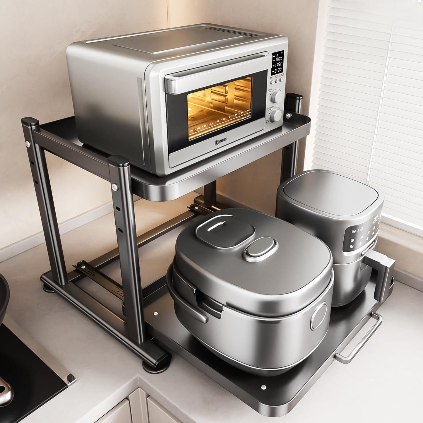 PureBox Adjustable Height Microwave Stand, Heavy Duty Metal Kitchen Appliance Shelf with Slide Out Storage for Air Fryer, Coffee Maker & Small Appliances