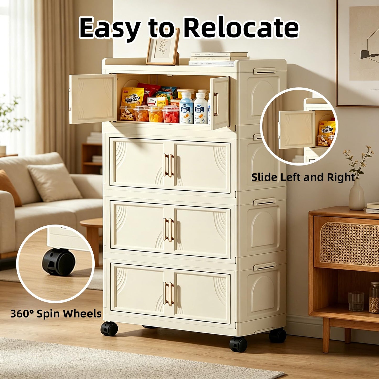 FoldTrend 5 Tier Foldable Storage Cabinet with Lids, 313QT Large Premium PP Storage Organizer with Magnetic Doors and Wheels, Heavy Duty White Storage Bins for Home, Office, Kitchen, Dorm