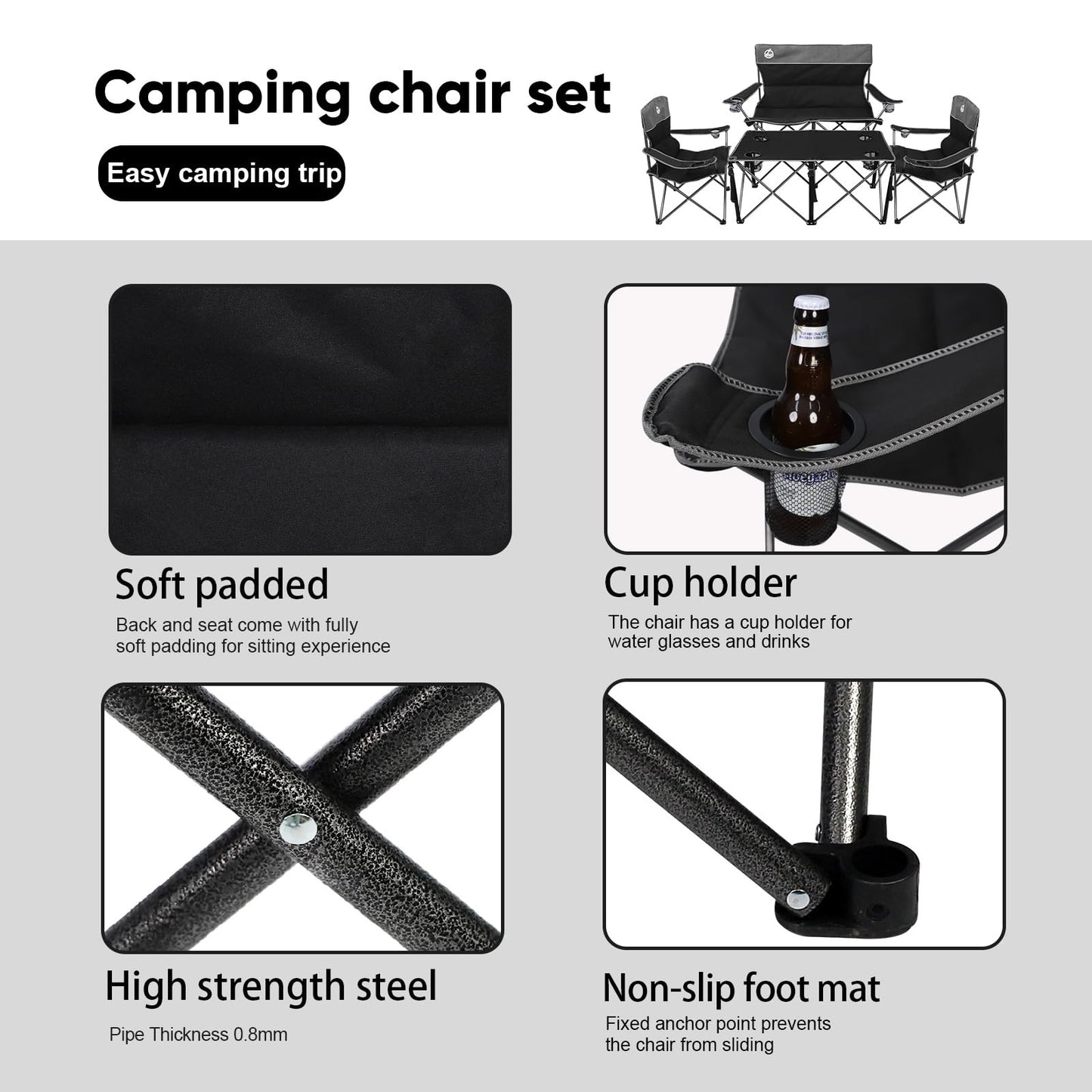 Northroad Folding Camping Chair Set of 4, Portable Collapsible Conversation Set w/1 Sofa, 2 Single Chairs, 1 Table for Family Patio, Outdoor Travel,Beach(Black)