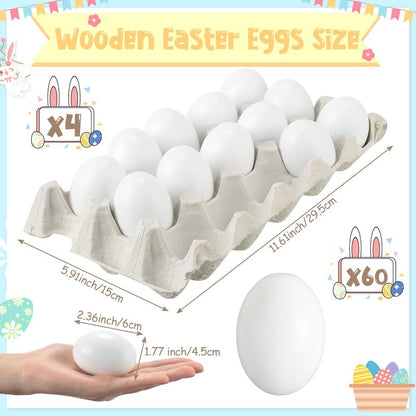 Beeveer 60 Pcs Wooden Eggs for Crafts Unpainted Eggs with Blank Egg Cartons, Wooden Fake Food Egg to Paint for Easter Decorating, Kitchen Craft, Basket Stuffer(White,Wood)