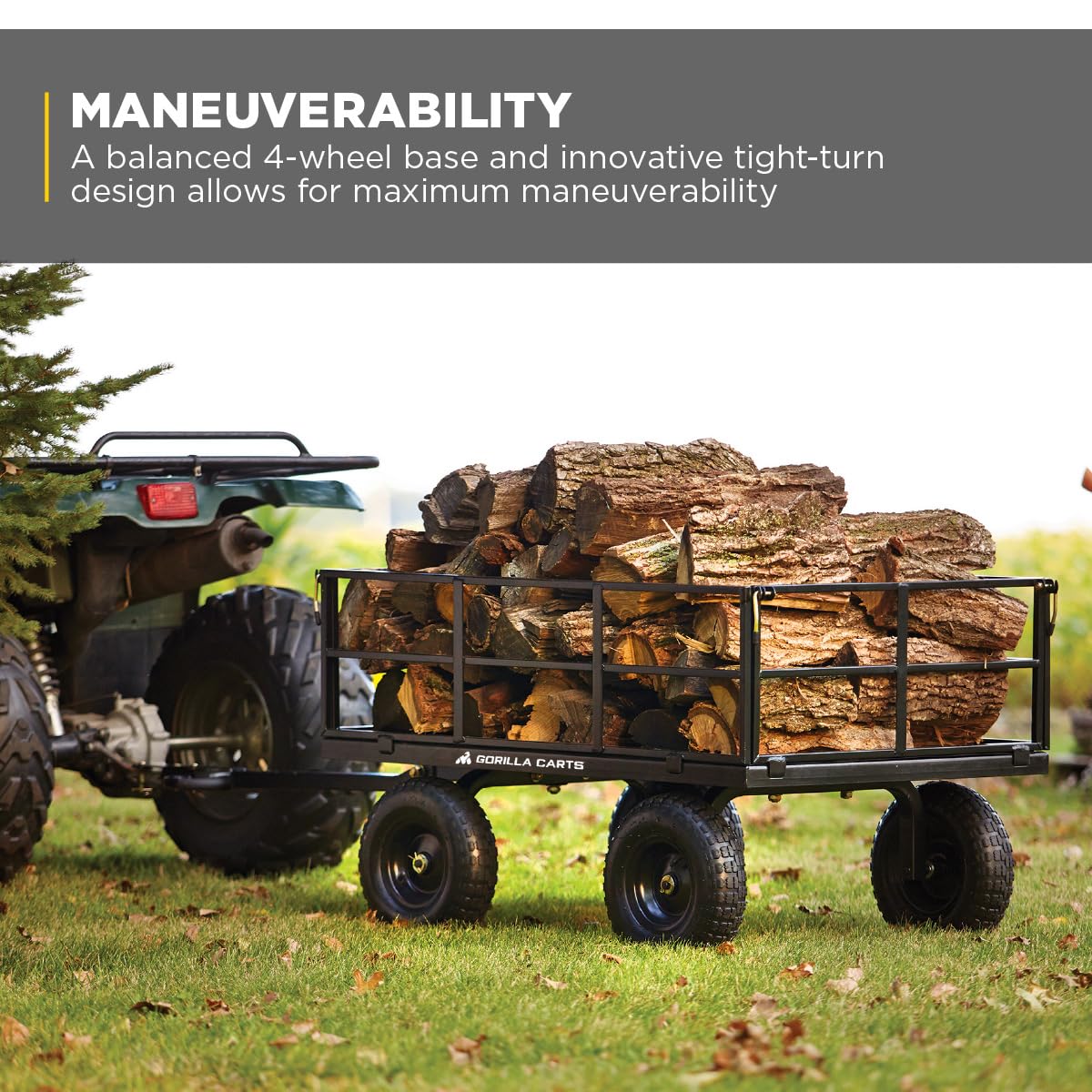 Gorilla Carts Steel Utility Cart, 9 Cu Ft Bed, 1200 lb Load Capacity, Black – Towable Heavy-Duty Outdoor Hauling Wagon with Removable Side Panels for Yard, Lawn, Garden or Landscaping