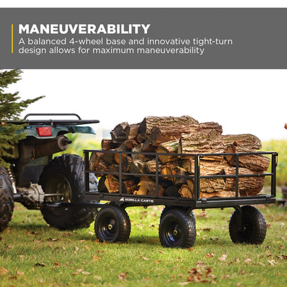 Gorilla Carts Steel Utility Cart, 9 Cu Ft Bed, 1200 lb Load Capacity, Black – Towable Heavy-Duty Outdoor Hauling Wagon with Removable Side Panels for Yard, Lawn, Garden or Landscaping