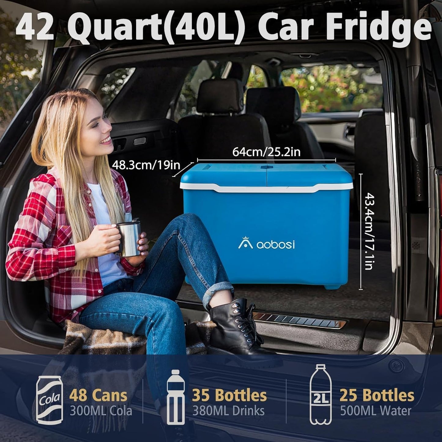 AAOBOSI Car Fridge, 40Quart（36L） Portable 12 Volt Car Refrigerator Cooler with Wheels&Bluetooth Speaker&Handle&Battery Powered, -4℉~68℉ with 12/24V DC,100-240VAC for Camping, Beach,Party,Pool