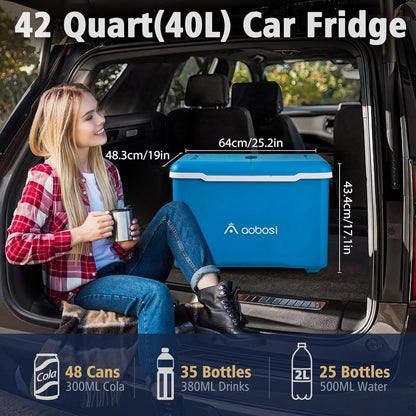 AAOBOSI Car Fridge, 40Quart（36L） Portable 12 Volt Car Refrigerator Cooler with Wheels&Bluetooth Speaker&Handle&Battery Powered, -4℉~68℉ with 12/24V DC,100-240VAC for Camping, Beach,Party,Pool