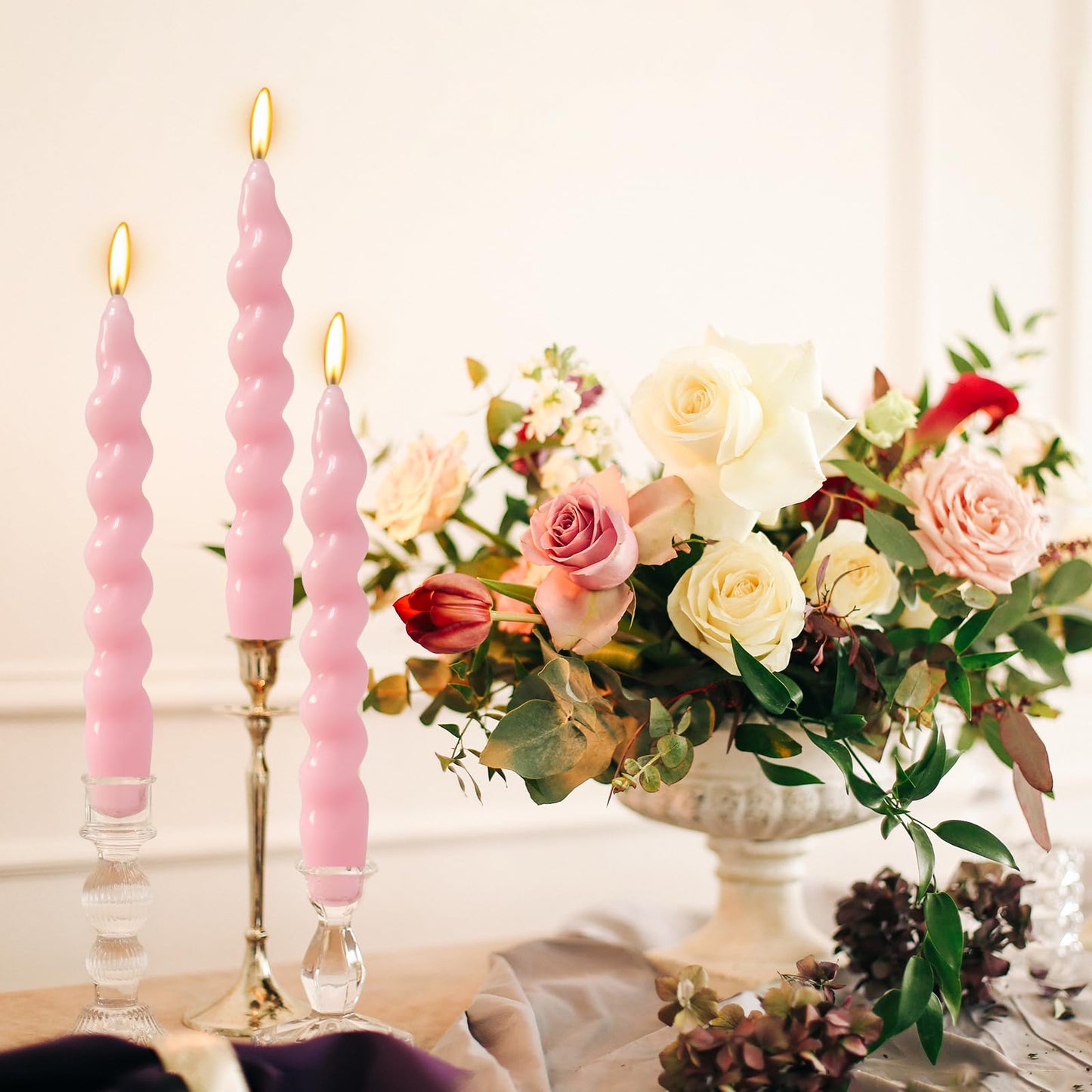 4 Pack 7 Inch Baby-Pink Spiral Taper Candles, Unscented Dripless Fat Twisted Candlesticks for Home Décor Party Wedding and Celebrations