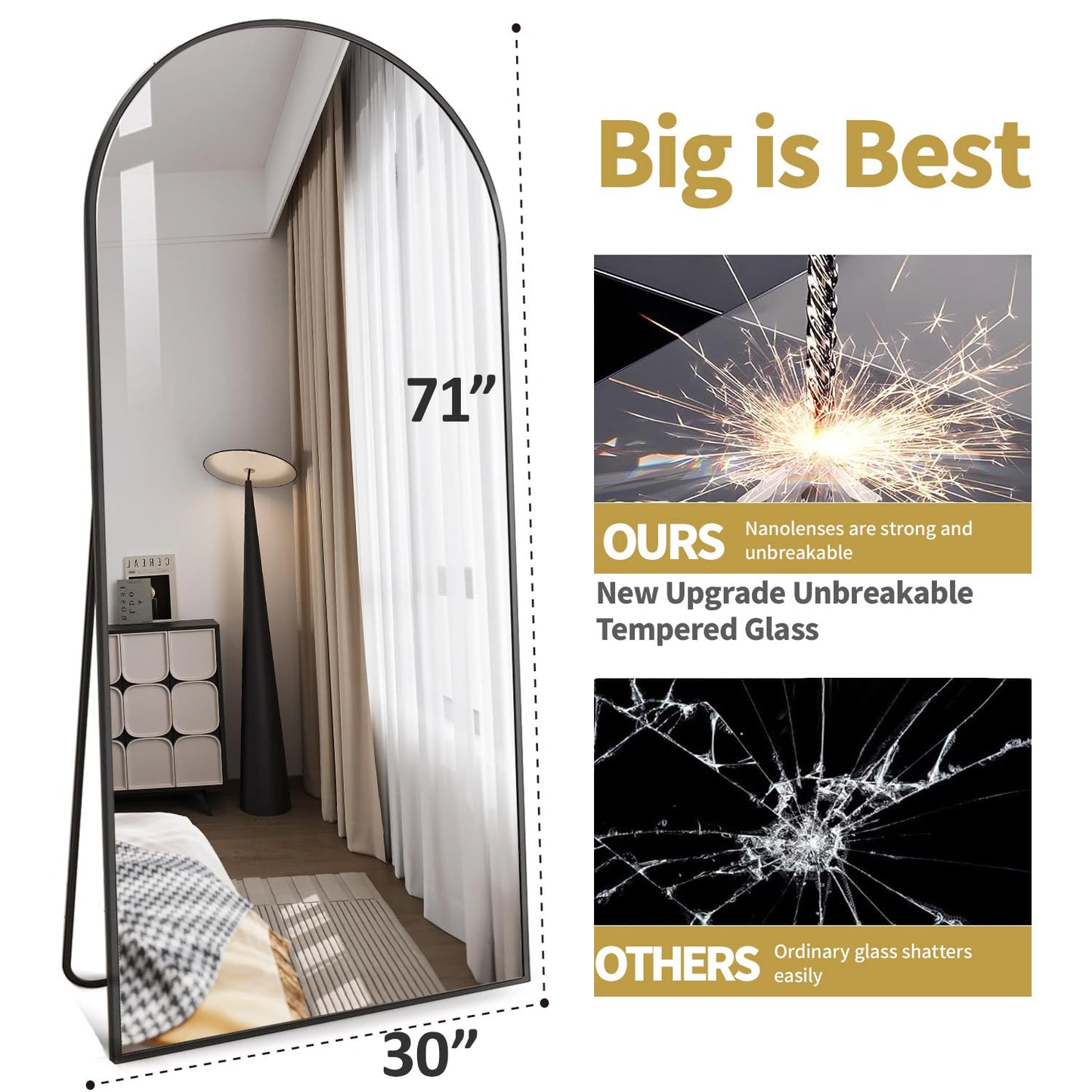 DMWOODFL 71"x30" Arched Full Length Mirror - Extra Large Floor & Wall Mounted with Stand, Shatterproof Glass, Aluminum Frame for Bedroom, Living Room, Entryway (Black)