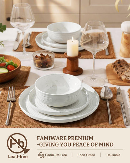Famiware Premium 24-Piece Stoneware Dinnerware Sets for 8 - Coupe Plates and Bowls with Speckles & Spirals - Chip & Scratch Resistant, Microwave & Dishwasher Safe - Farmhouse Dishes - Gift Box, White
