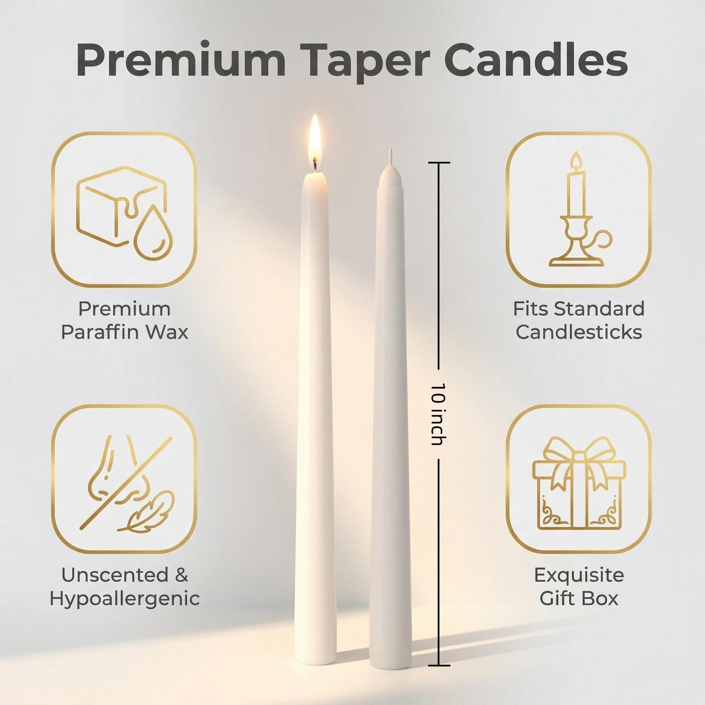10-Inch White Taper Candles 12 Pack, Unscented Smokeless Dripless Candlesticks, 7-8 Hours Long Burning for Home Decor, Dinner, Church & Emergency Use, Weddings & Everyday Use (12, White)