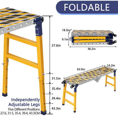 Versatile Portable Steel Work Bench with 4 Wheels, 63'' × 14.2'' Foldable Welding Table with Height Adjustment, Heavy Duty Steel Construction Galvanized Tabletop Workbench with 1102 LBS