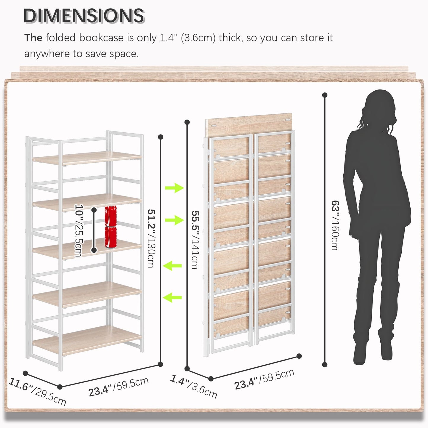 4NM No Assembly 5 Tier Collapsible Book Shelves, 51.2" H x 23.6" W Folding Bookshelf Bookcase Open Industrial Foldable Shelf for Bedroom, Living Room, Home Office - Natural White