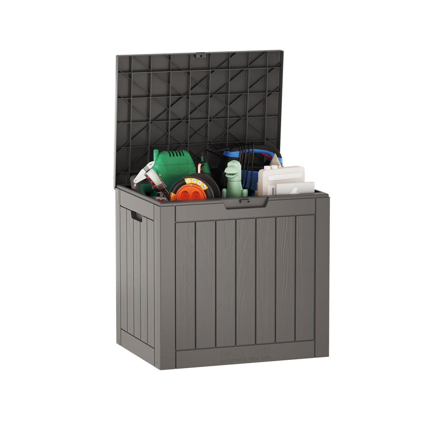 EAST OAK Deck Box, 31 Gallon Indoor and Outdoor Storage Box with Padlock for Patio Cushions & Keter Marvel Plus 71 Gallon Resin Outdoor Box for Patio Furniture Cushion Storage, Brown