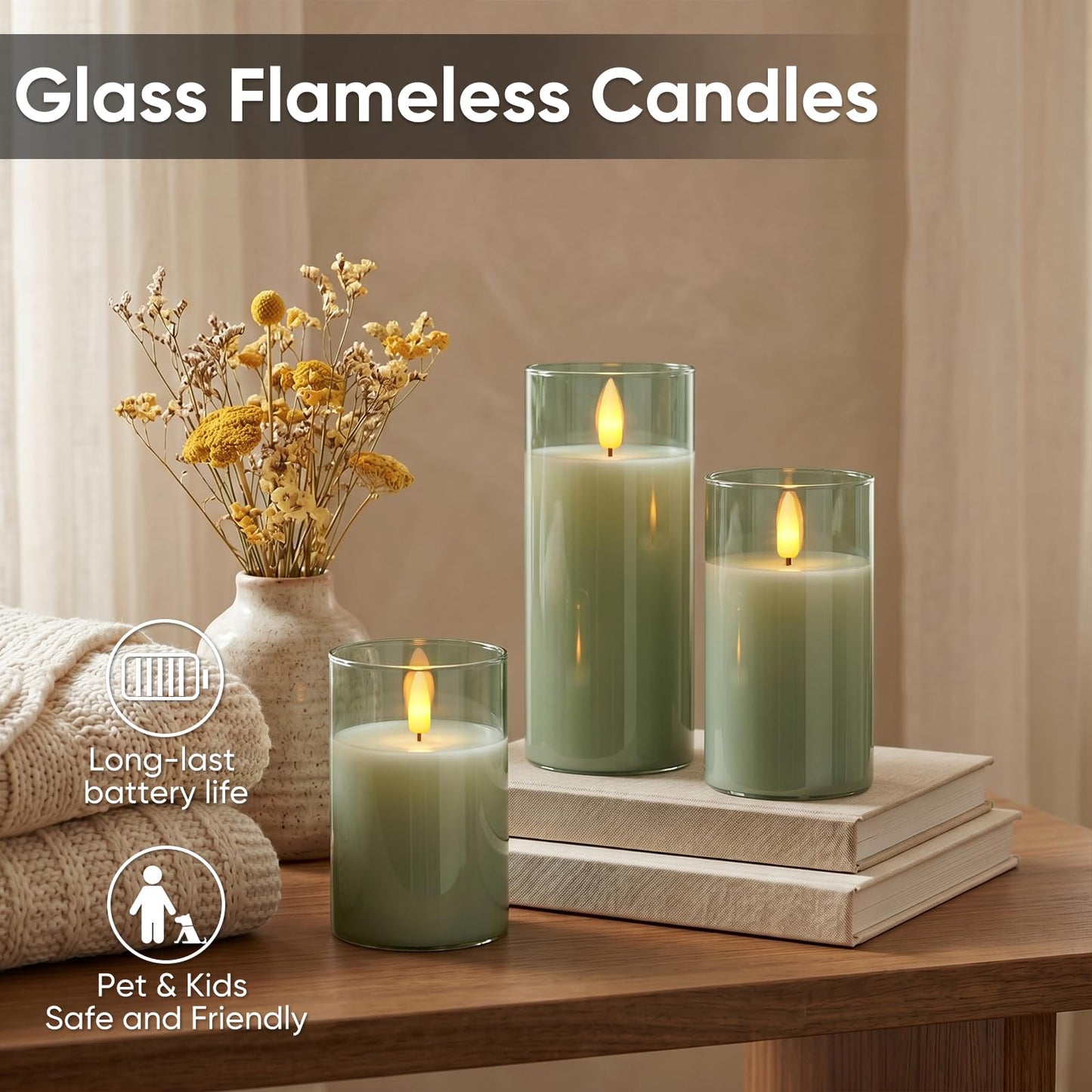 5plots Glass Battery Operated Green Flameless Candles with Remote Timer, 3D Wick Real Wax Pillar Led Candles Warm Flickering Light for Indoor Home, Halloween, Christmas Decor D3 x H4 5" 6", Set of 3