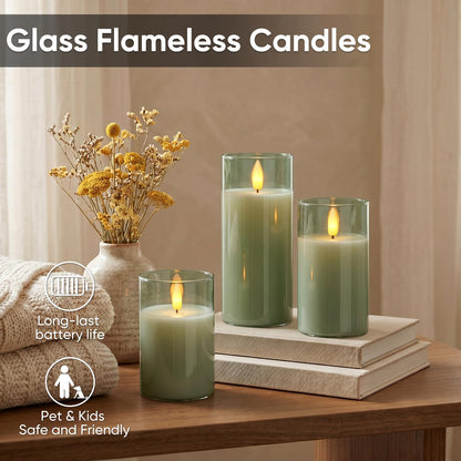 5plots Glass Battery Operated Green Flameless Candles with Remote Timer, 3D Wick Real Wax Pillar Led Candles Warm Flickering Light for Indoor Home, Halloween, Christmas Decor D3 x H4 5" 6", Set of 3