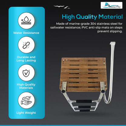 MARINE CITY Stainless Steel Swim Teak Platform Boat Ladder, Low Maintenance Ideal for Marines, Boats, Ships, Yachts (Teak O/B (3 Steps))
