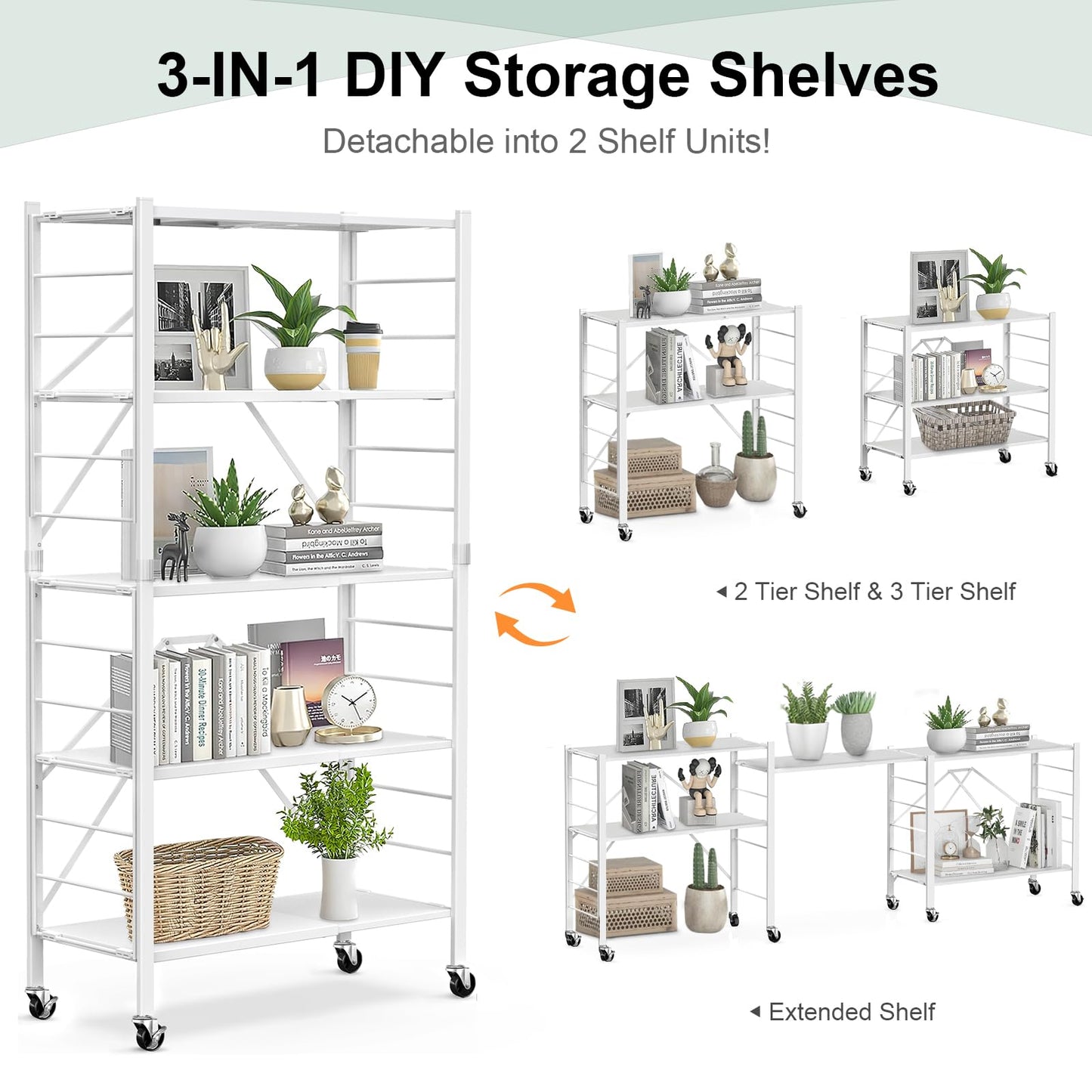 Himix 5 Tier Foldable Storage Shelves, Expandable Folding Pantry Shelf with Wheels, Changeable into 2 Shelf Units, Collapsible Storage Rack Metal Shelves for Kitchen, Room, Garage, White
