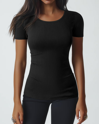 Ficerd 3 Pack Women's Short Sleeve T Shirts, Crew Neck Ribbed Knit Tops for Summer Casual Solid Tee Slim Fitted Basic Shirts(Black, Navy Blue, Fuchsia,X-Large)