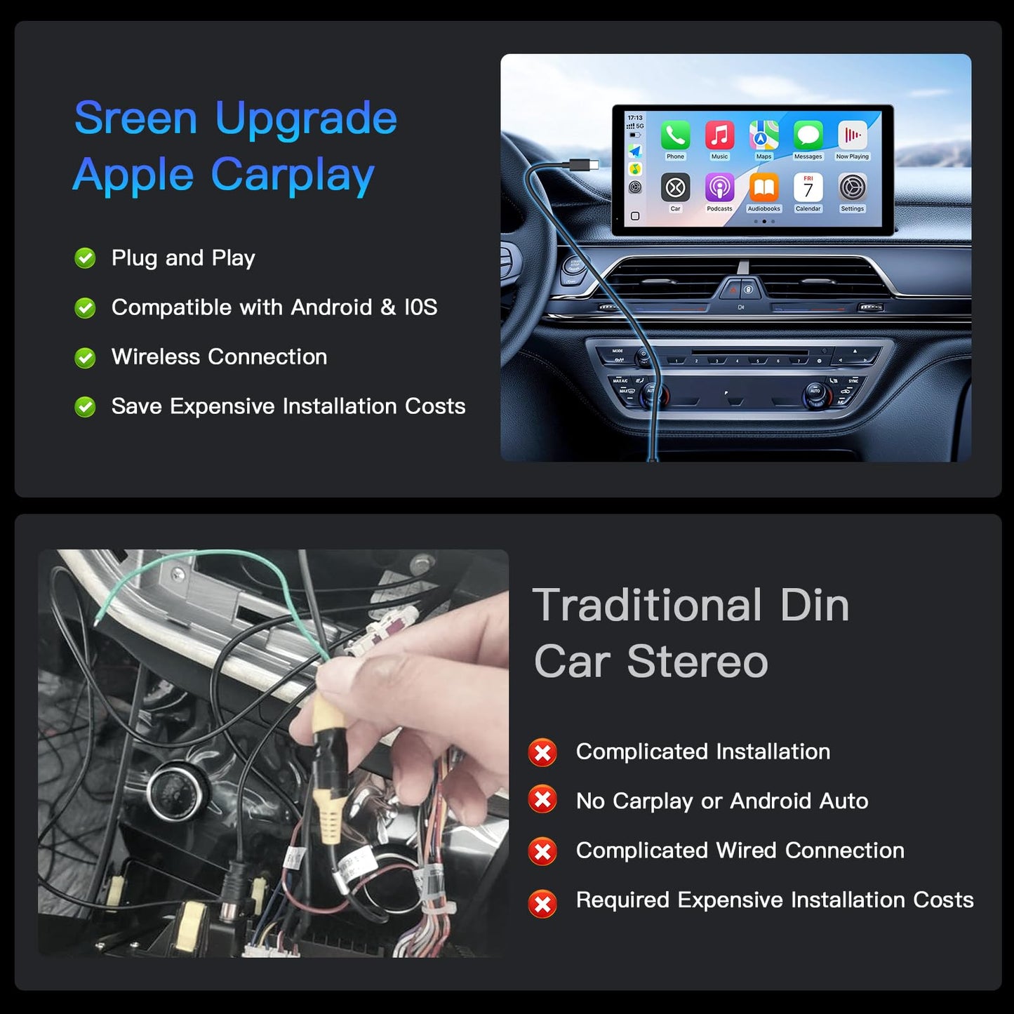Wireless Carplay Screen for Car, 10.3'' Portable CarPlay & Android Auto Touchscreen, with 60Fps,1600 * 720 Ultra High Resolution, Support Steering Wheel Control